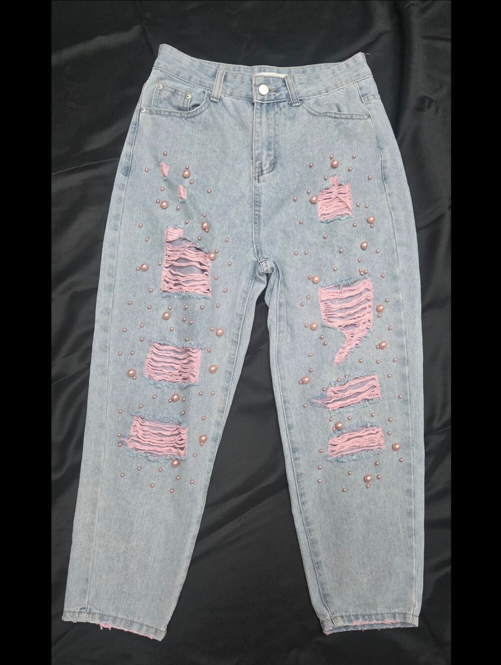 PEEKSKILL Y2K Pink Pearl Distressed Jeans  Kawaii Ripped Denim